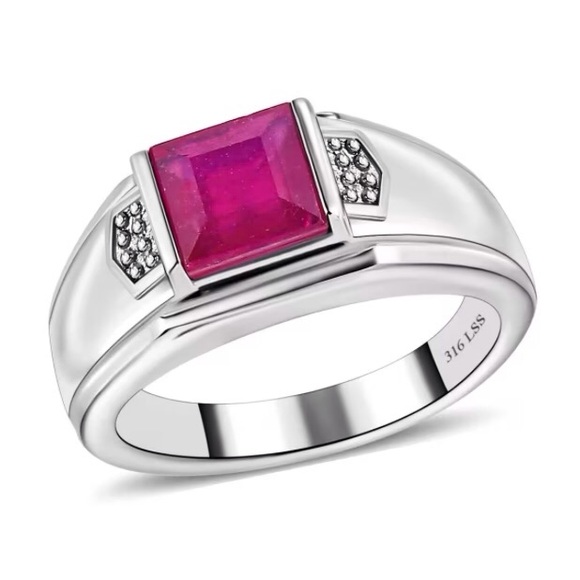 Genuine Ruby Solitaire Men’s Ring in Stainless Steel - Picture 3 of 8